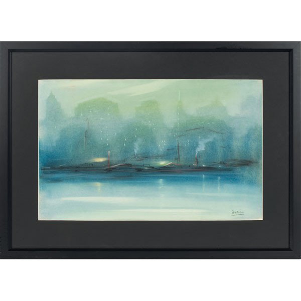 Leon Louie Dolice (German/American, 1892-1960), "N: Leon Louie Dolice (German/American, 1892-1960), "New York Harbor Scene," pastel on paper, 12" x 18.75", overall 18.5" x 25.5" signed, framed
