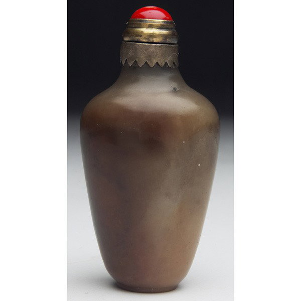 19th century snuff bottle, tapered shape, in brown: 19th century snuff bottle, tapered shape, in brown and black jade with a metal rim, metal stopper with inset red stone and attached metal spoon, 1.5"w x 3"h