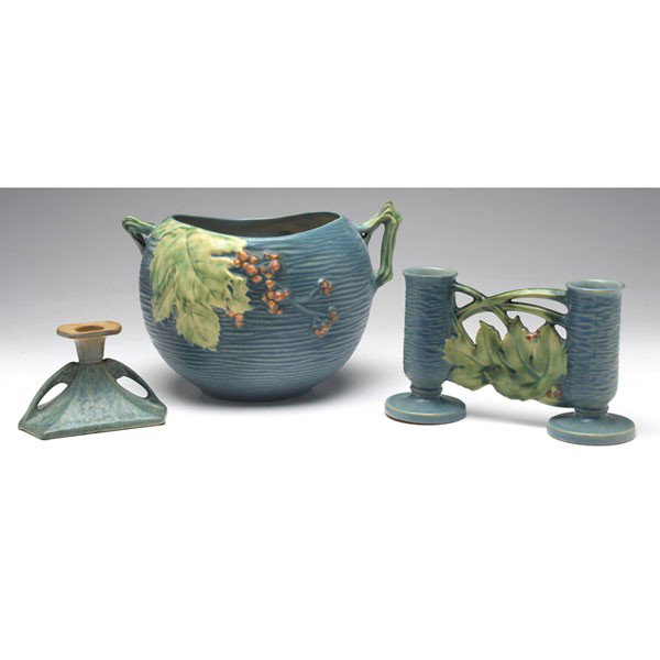 Roseville Bushberry candle holder and jardiniere, : Roseville Bushberry candle holder and jardiniere, both blue, both marked, candle holder: 8"w x 5"h, jardiniere: 10"w x 7"h; with a Roseville Carnelian candle holder, double handled, blue, unmarked, 5"