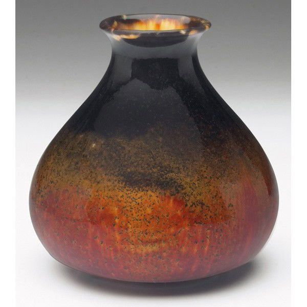 Teco vase, design attributed to William Gates: Teco vase, design attributed to William Gates, bulbous shape, in an adventurine glaze, impressed marks, 4"w x 3.75"h