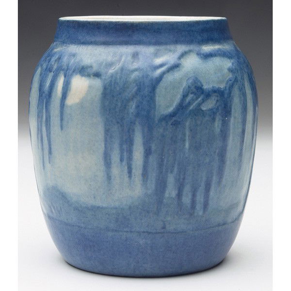 Newcomb College vase: Newcomb College vase, carved and painted landscape with moon and moss-laden trees, executed by Sadie Irvine, #SM73, 3.75"w x 4"h, hairline