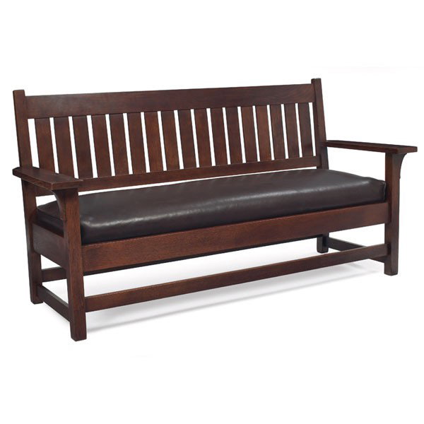 Gustav Stickley settle, #219: Gustav Stickley settle, #219, drop-arm form with seventeen vertical slats at back over a recovered leather cushion, refinished, unsigned, 72"w x 26"d x 37"h, very good condition