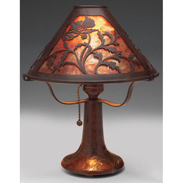 Heintz lamp: Heintz lamp, attribution, sterling on bronze, applied poppy design, shade with cut-out poppy design and mica liner, original patina, unmarked, 4"w x 7"h