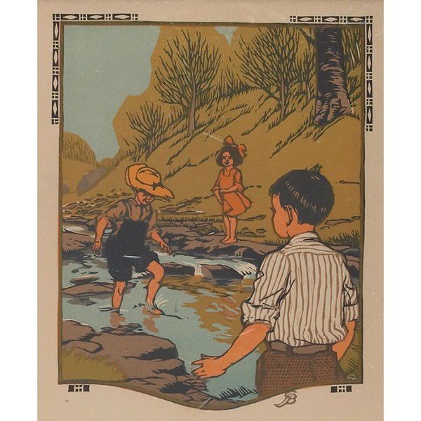 Gustave Baumann woodblock print, in collaboration w: Gustave Baumann woodblock print, in collaboration with poet James Whitcomb Riley, 1911, "May, from the All Year Round series," 8.5" x 7", block printed initials, matted