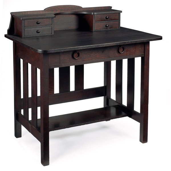 Stickley Brothers desk, #6172: Stickley Brothers desk, #6172, rectangular top, four-drawer gallery over single drawer, original hardware, refinished, unsigned, 36"w x 23"d x 37"h, very good condition