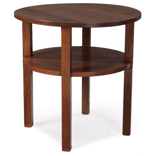 L and JG Stickley tea table, #508: L and JG Stickley tea table, #508, circular top with flush post construction above a lower shelf, refinished, unsigned, 24"dia x 24"h, very good condition