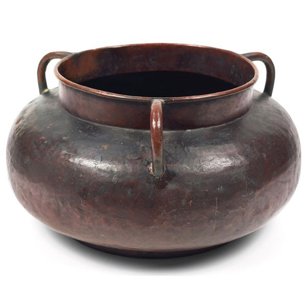 Stickley Brothers bowl, #419: Stickley Brothers bowl, #419, three-handled form in hammered copper, original patina, numbered, 14.5"dia x 8"h