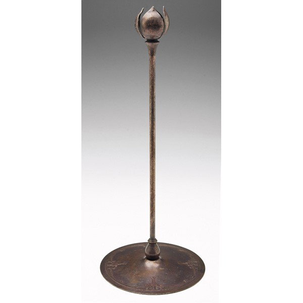 Heintz candlestick, attribution: Heintz candlestick, with an applied design, signed on bottom with triangular Heintz mark, 6"w x 14.5"h