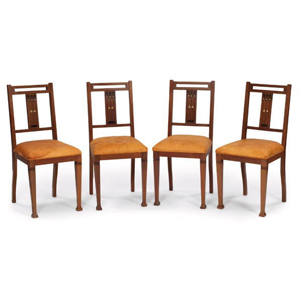 Arts and Crafts dining chairs: Arts and Crafts dining chairs, set of four, Secessionist influenced forms with ebony, copper and ivory inlaid design, recovered, refinished, 17"w x 18"d x 38"h, very good condition