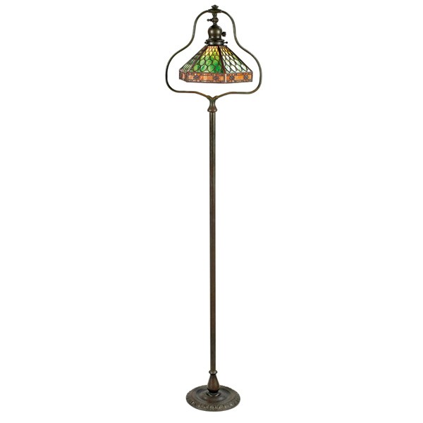 Handel floor lamp: Handel floor lamp, six-sided slag glass shade with metal overlay design on a harp base, shade signed, original patina, 13.5"w x 9.5"d x 58"h