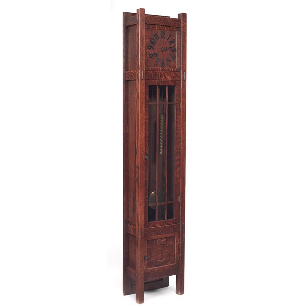 Stickley Brothers tall case clock: Stickley Brothers tall case clock, thru-tenon form with butterfly joint construction, refinished, numbers replaced, signed with metal tag, 16"w x 9"d x 78"h, good condition