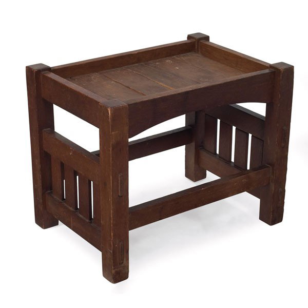 Harden footstool: Harden footstool, four slats at each side with thru-tenon construction, arched seat rail, cushion missing, original finish, unsigned, 20"w x 14"d x 16"h, very good condition