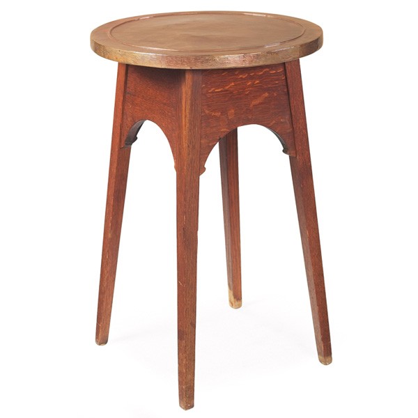 Stickley Brothers drink stand, #2615: Stickley Brothers drink stand, #2615, circular copper-top above a wide arched apron supported by splayed tapered legs, original finish, unsigned, 18"dia x 28"h, very good condition
