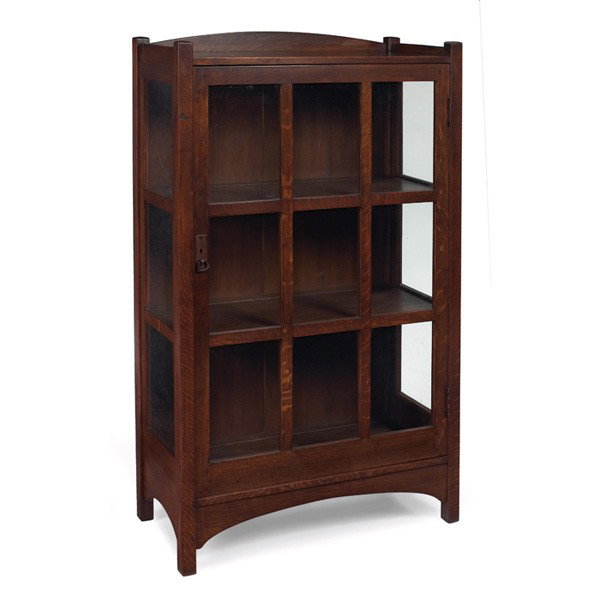 L and JG Stickley china cabinet, #727: L and JG Stickley china cabinet, #727, single door with nine panes of glass and original copper pull above an arched apron, signed "The Work of…" original finish, 34"w x 15"d x 55"h, very good condi