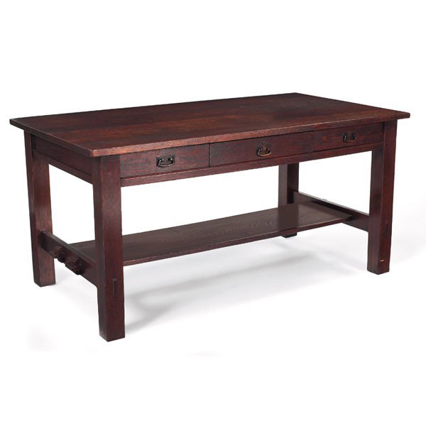 L and JG Stickley library table, #533: L and JG Stickley library table, #533, large rectangular top over three drawers over a lower stretcher supported by thru-tenon construction, signed, cleaned original finish to top, lightly over-coated