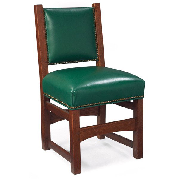 Gustav Stickley side chair, #356: Gustav Stickley side chair, #356, recovered leather seat and back cushions over an arched rail, original finish, 19"w x 17"d x 35"h, very good condition