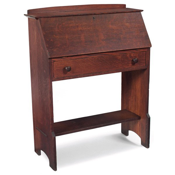 L and JG Stickley desk, #613: L and JG Stickley desk, #613, fall-front over a single drawer with original wood knobs and lower shelf, complete interior, signed "The Work of…" refinished, 32"w x 14"d x 40"h, very good condition