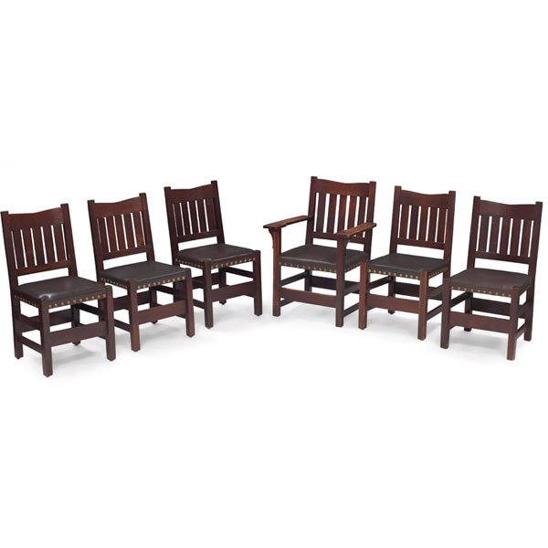 Gustav Stickley dining chairs, #354 1/2, set of si: Gustav Stickley dining chairs, #354 1/2, set of six, one armchair and five side chairs, "V" back form with five vertical slats over a recovered leather seat, most signed with red decal, cleaned origin