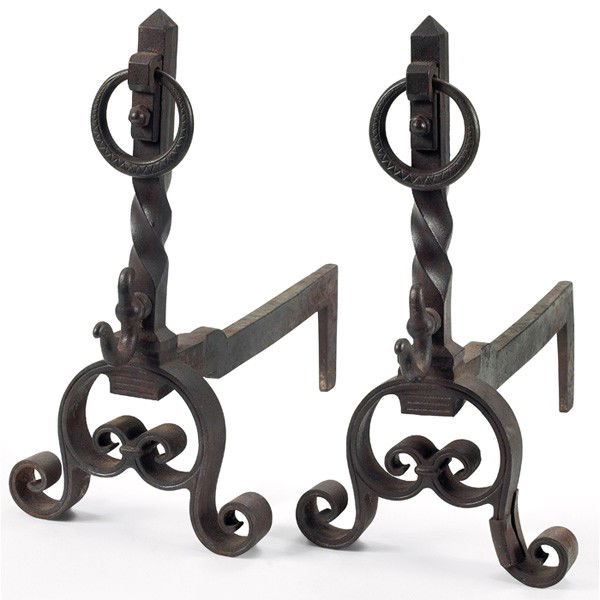 Arts and Crafts andirons, pair: Arts and Crafts andirons, pair, in twisted and curled wrought iron with loop details, 8"w x 18.5"d x 15.5"h, very good condition