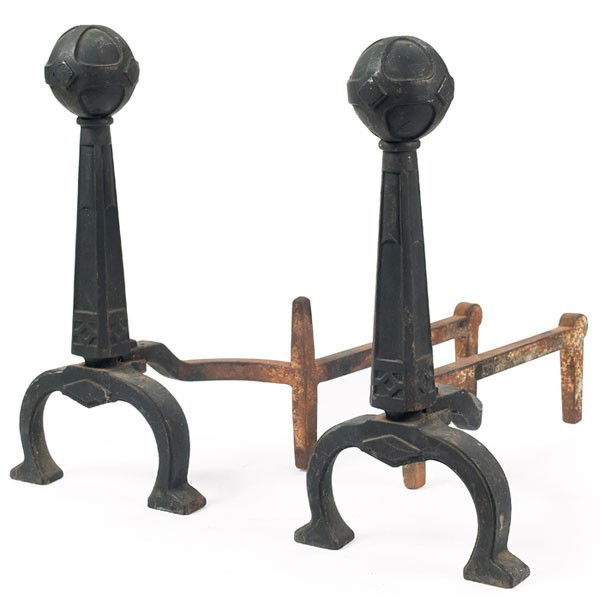 Arts and Crafts andirons: Arts and Crafts andirons, in wrought iron with ball detail at top, 8.5"w x 20"d x 17"h, very good condition