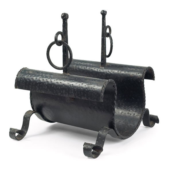 Arts and Crafts firewood holder: Arts and Crafts firewood holder, in hammered and curled wrought iron with loop details, 19"w x 16"d x 18"h, very good condition