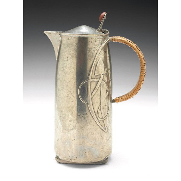 Liberty and Co. chocolate pot: Liberty and Co. chocolate pot, pewter form with a repousse design and rattan handle, marked, #0231, 1 3/4 pints, 6"w x 9"h