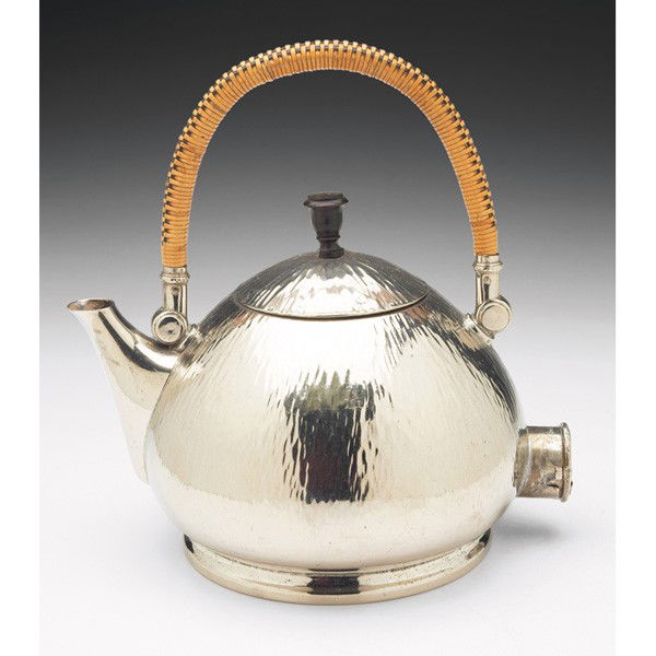 Peter Behrens electric kettle: Peter Behrens electric kettle, hammered surface, rattan and wooden accents, no cord, 1 3/4 L, unsigned, 9.5"w x 9.5"h, repair to socket