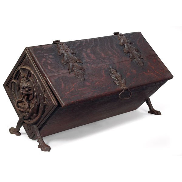 Arts and Crafts wood box: Unusual Arts and Crafts wood box, diamond-shape with heavy cast-iron sides and organic strap hinges on claw-foot base, refinished, 31"w x 20"d x 19"h, very good condition