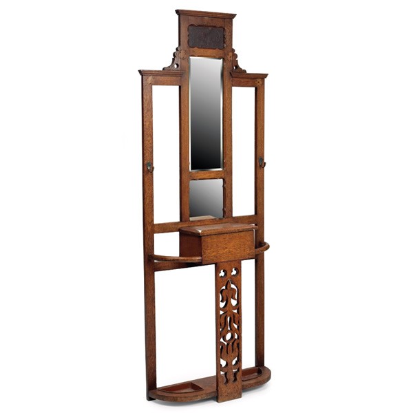 English Arts and Crafts hall stand: English Arts and Crafts hall stand, copper repousse panel above a beveled mirror and umbrella holders with a carved central slat, three hooks missing, cleaned original finish, 28"w x 10"d x 77"h, good