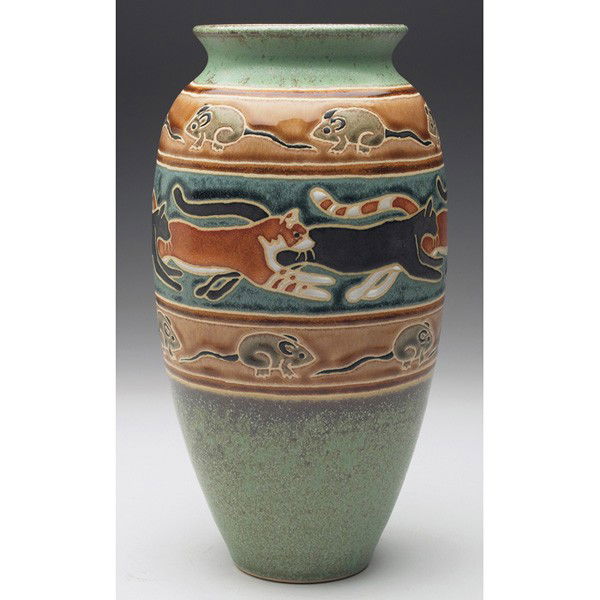 Common Ground Pottery vase, contemporary: Common Ground Pottery vase, contemporary, colorful design with incised cats and mice, marked, signed by Eric Olson, 2011, 5.5"w x 11"h