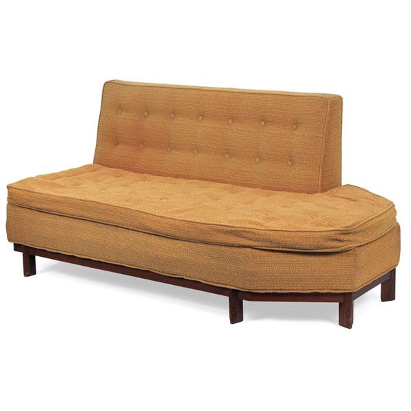 Frank Lloyd Wright sectional sofa, manufactured by: Frank Lloyd Wright sectional sofa, manufactured by Heritage Henredon, two-pieces with worn original upholstery and Taliesin design at base, original finish, chip to one foot, signed with cloth tag, fo