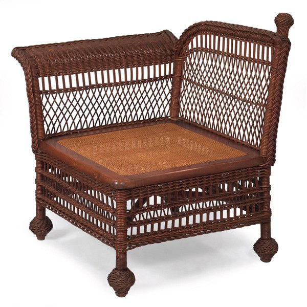 Arts and Crafts style corner chair: Arts and Crafts style corner chair, woven willow with rolled arm, 26"w x 22"d x 29"h, very good condition