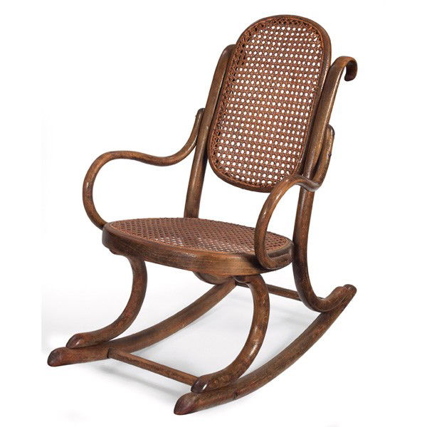 Thonet child's rocker: Thonet child's rocker, bentwood form with caned seat and back, lightly over-coated original finish, 16"w x 25"d x 24.5"h, very good condition
