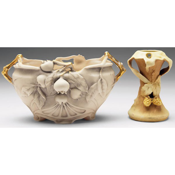 Royal Dux bowl; Austrian Art Nouveau vase: Royal Dux bowl, double handled form, in white with gold and black accents, marked, #5285, 9"w x 5"h; with an Austrian Art Nouveau vase, organic shape with an applied raspberry design, unmarked, #7035,