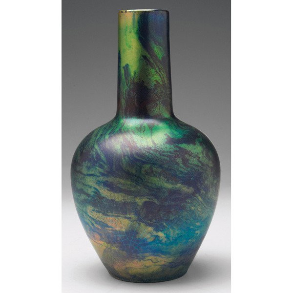 Zsolnay vase: Zsolnay vase, covered in a metallic glaze with a blue and green swirl design, overall iridescence, marked, 5"w x 9"h