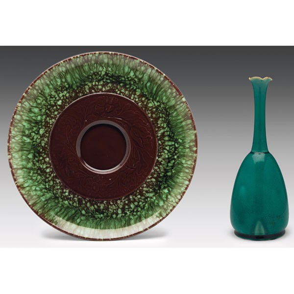 Christopher Dresser, for Linthorpe: Christopher Dresser plate, for Linthorpe, molded floral design in brown, mottled green and brown border, marked, #299, 11.5"dia; with a Christopher Dresser vase, for Linthorpe, bulbous shape with a lo
