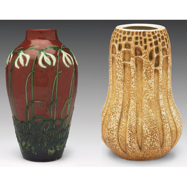 Max Lauger vase, for Kandern, La Maison Moderne; A: Max Lauger vase, for Kandern, La Maison Moderne, bulbous shape, squeeze bag organic design against a brown ground, marked, 4.5"w x 8"h, minor glaze flakes; with a Amphora vase, designed by Paul Dachse