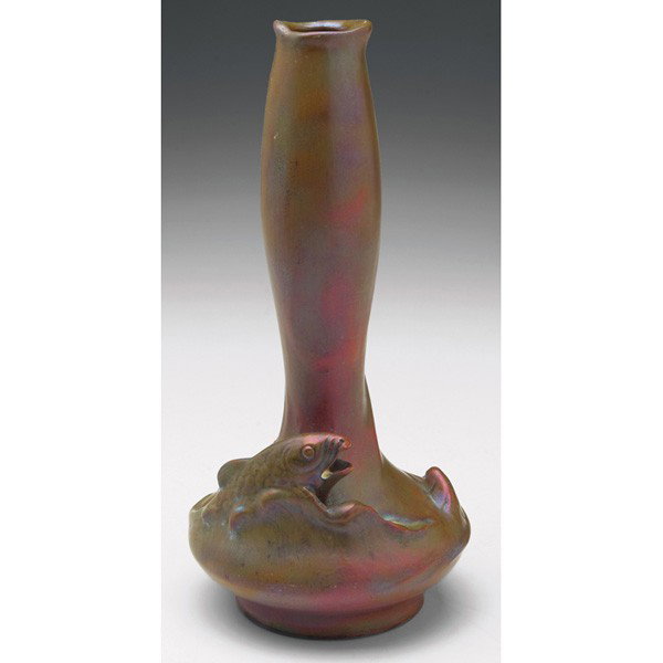 Zsolnay vase: Zsolnay vase, unusual shape with three swimming fish surrounding the base, covered in a metallic glaze, overall iridescence, marked, #6589, 4"w x 8.5"h