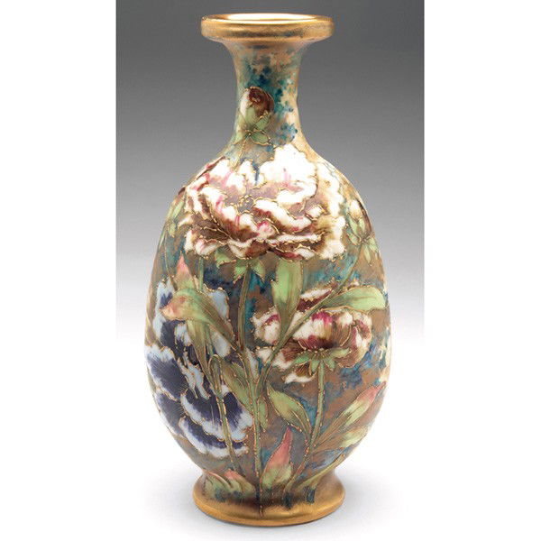 Amphora vase: Amphora vase, beautifully painted and colorful peonies, with gold accents, marked, #2014, 5.5"w x 10.5"h