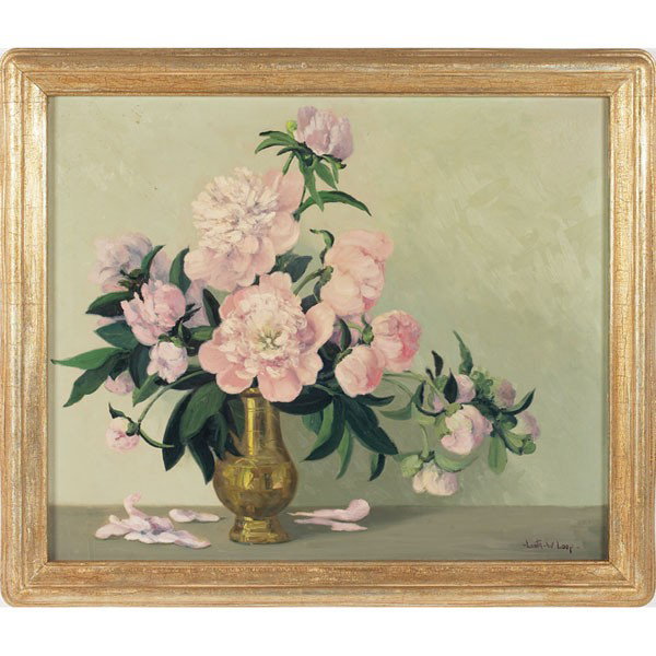Leota Williams Loop: Leota Williams Loop (American, 1893-1961) "Pink Pansies in Brass Bowl," c. 1930, oil on canvas, 25.25" x 30", signed lower right, framed