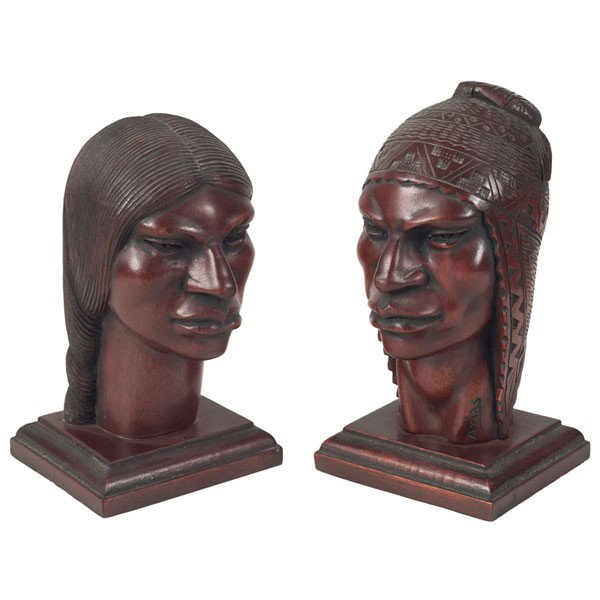 Flores Arias: Flores Arias (Mexican, 20th century) "Inca Indians," c. 1930, pair of carved busts, 7"h, one signed
