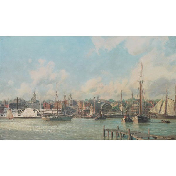John Stobart: John Stobart (American, b. 1929) "A View of the State House from the Connecticut River Waterfront in 1876," 1980, lithograph, 18.25" x 30.75", pencil signed lower right, edition of 750, framed