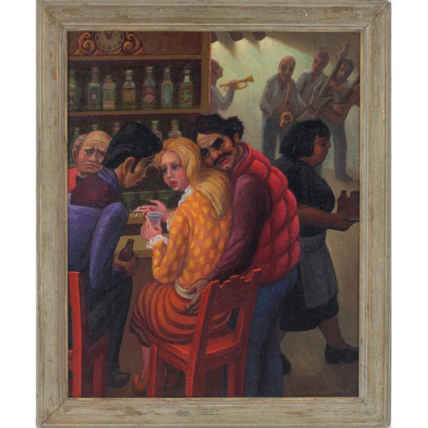 Eli Levin: Eli Levin (American, b. 1938) "Bar Scene," 1981-9, oil on canvas on masonite, 30" x 24", signed and dated lower right, framed