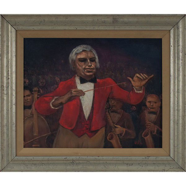 Albert Pels: Albert Pels (American, 1910-1998) "Conductor," c. 1955, oil on canvas, 16" x 20", signed lower right, framed
