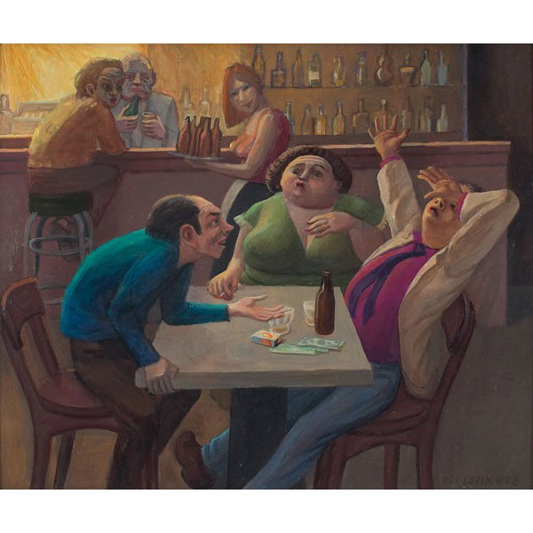 Eli Levin: Eli Levin (American, b. 1938) "Bar Scene," 1987-8, oil on masonite, 20" x 24", signed and dated lower right, framed