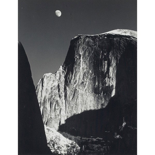 Ansel Adams: Ansel Adams (American, 1902-1984) "Moon and Half Dome, Yosemite," 1960, printed by Alan Ross, c. 1980, silver gelatin print, 9.5" x 7.25", unsigned, framed
