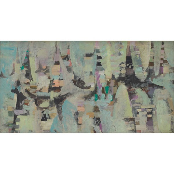 Peter W. Ostuni: Peter W. Ostuni (American, 1908-1992) "Untitled," c. 1960, oil on board, 13.5" x 26.25", unsigned, with letter of authenticity from the artist's nephew, framed