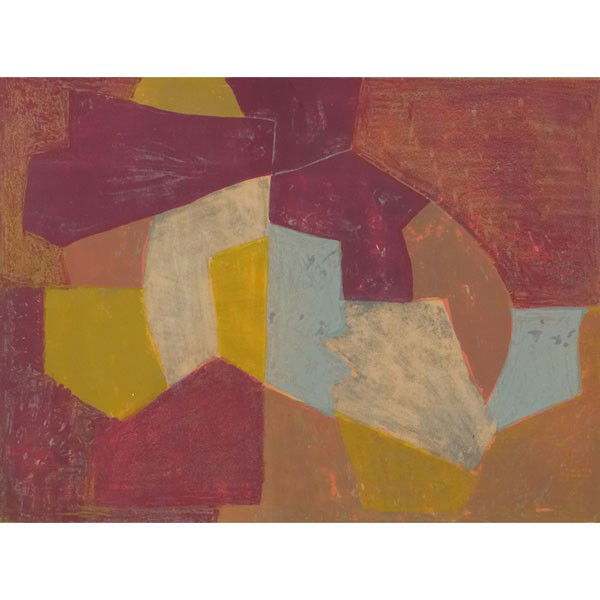 Serge Poliakoff: Serge Poliakoff (Russian, 1906-1969) "Composition carmin, brune, jaune et grise" 1956, color lithograph, 16.75" x 22.75", pencil signed lower right, edition of 125, framed