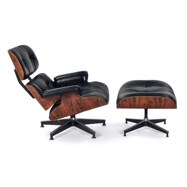 Charles and Ray Eames 670/671 chair and ottoman, b: Charles and Ray Eames 670/671 chair and ottoman, by Herman Miller, 1981, molded rosewood plywood shells with black leather cushions over black enameled and polished aluminum bases, original finish, ch