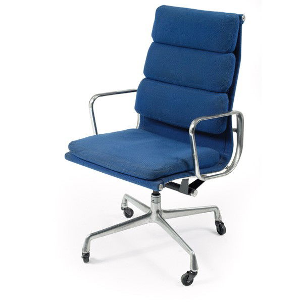 Charles Eames Soft Pad chair, by Herman Miller: Charles Eames Soft Pad chair, by Herman Miller, high-back version upholstered in original blue wool fabric, aluminum frame, early four-leg base, tilt and swivel mechanism, 22.5w x 23d x 41h, flaking t